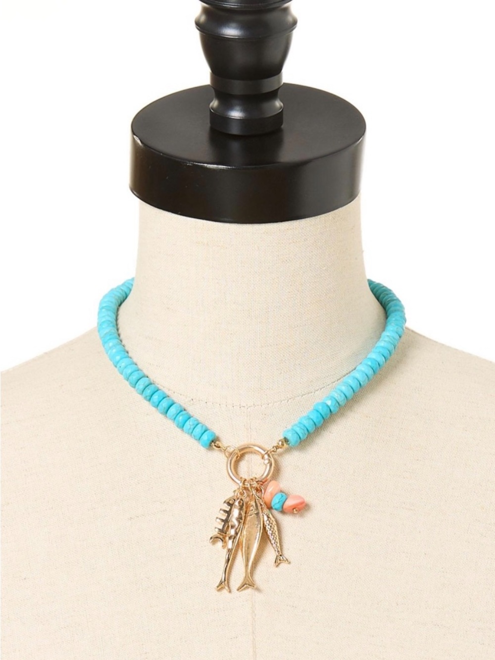 Gold Charm Turquoise Beaded Necklace with Coral Accent
